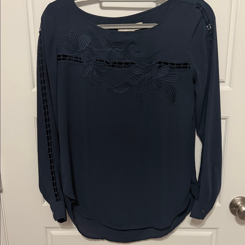 LOFT Navy Long-Sleeve Floral Cutout Blouse